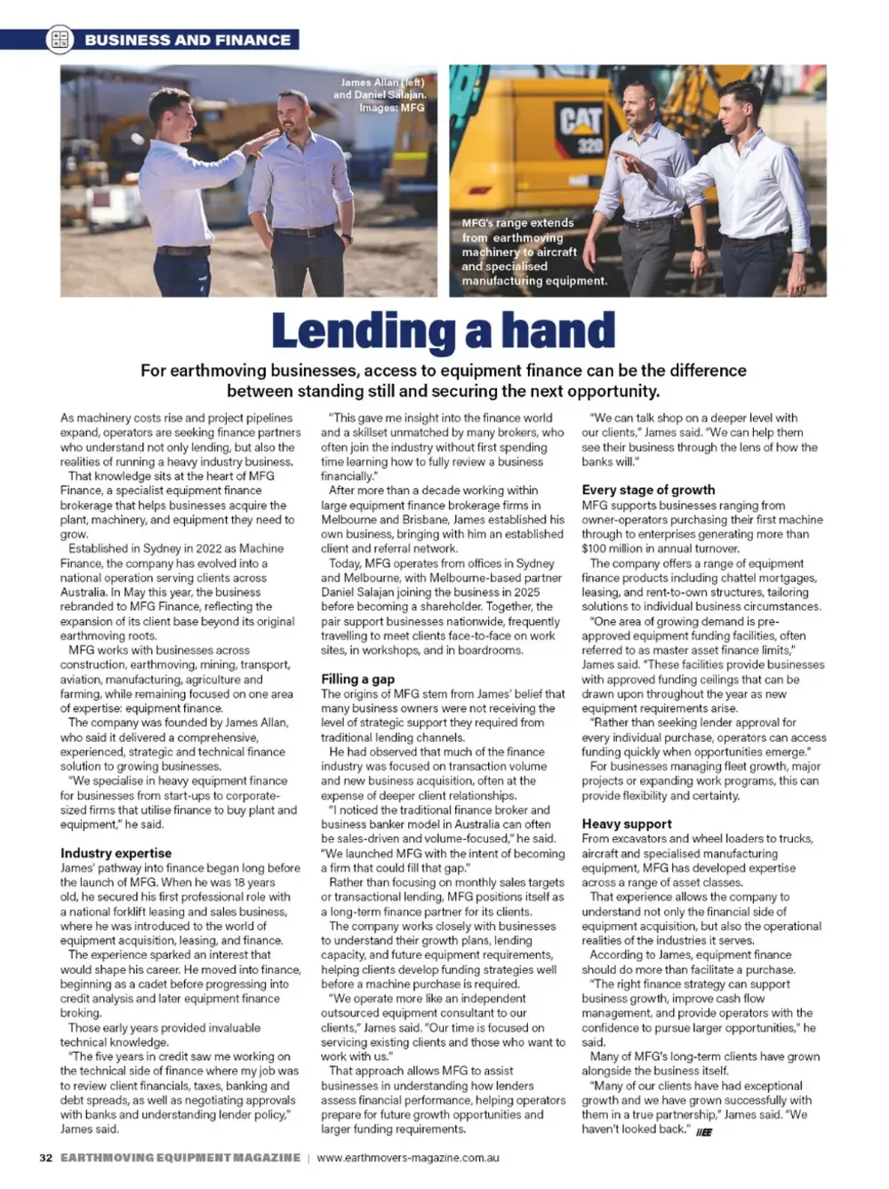 Lending a hand feature about MFG in Earthmoving Equipment Magazine